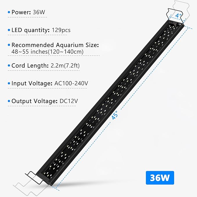 AQQA Aquarium Light,Full Spectrum Fish Tank Light for Plants,3 Mode+Timer+Adjustable Brightness,High Brightness LED Beads with Extendable Brackets for Freshwater (36W for 48-55inch) AQQA