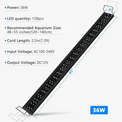 AQQA Aquarium Light,Full Spectrum Fish Tank Light for Plants,3 Mode+Timer+Adjustable Brightness,High Brightness LED Beads with Extendable Brackets for Freshwater (36W for 48-55inch) AQQA