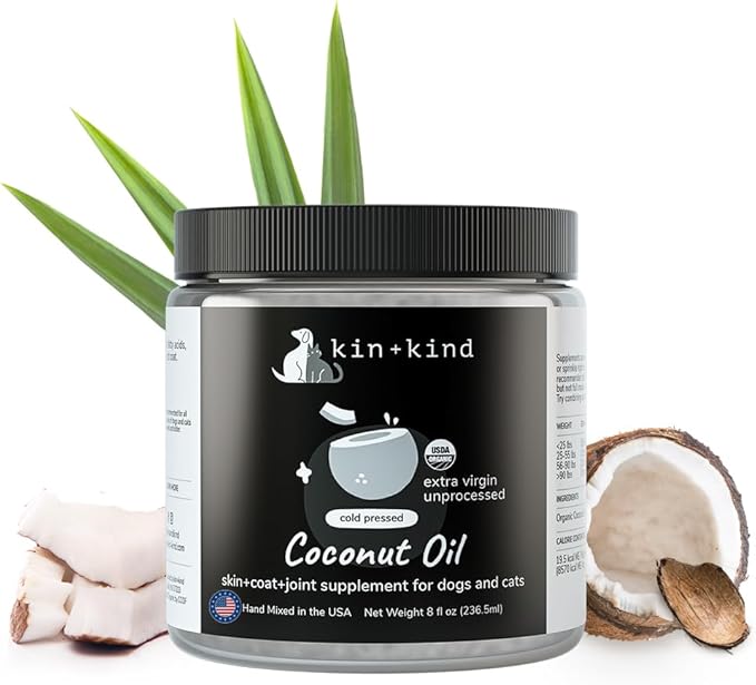 Organic Coconut Oil Pet Supplement for Dogs and Cats - Safe, Natural Skin and Coat Support with Cold Pressed Extra Virgin Coconut Oil - Itchy Skin, Dry Cracked Noses & Dry Skin Treatment - Made in USA kinkind