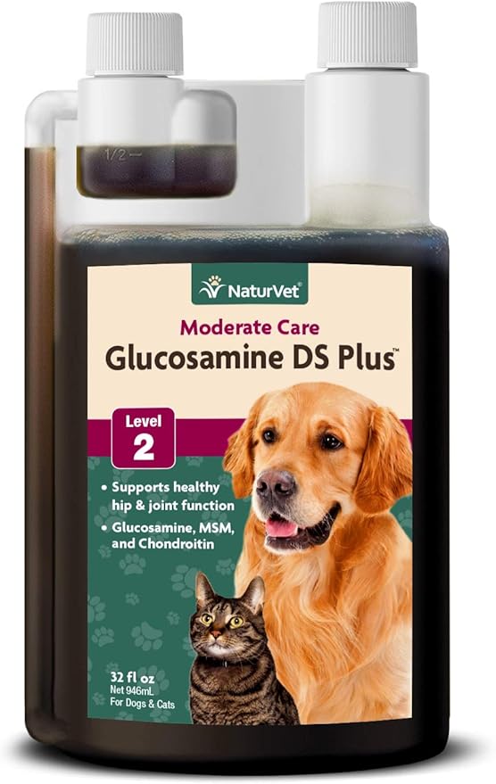 NaturVet Glucosamine DS Plus Hip & Joint Support Liquid Pet Supplement – Level 2 Moderate Care for Dogs & Cats – Includes Glucosamine, MSM, Chondroitin – 32 Oz NaturVet