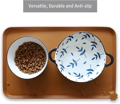 Hoki Found Silicone Pet Food Mats Tray - High-Lips Pet Dog Cat Bowl Mats - Dog Pet Cat Feeding Mat - Waterproof Dog Cat Food Mats -Pet Water Mats for Floors - Butterscotch - PAWPICO