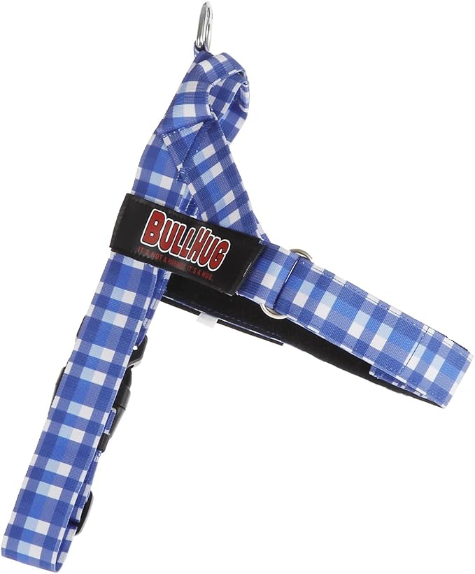 BULLHUG Harness – Made for Larger Chested Dogs Like English Bulldogs, French Bulldogs, Pugs & More. Stops Dogs from Pulling & Choking on Walks (BLUEWHITE Med) BULLHUG