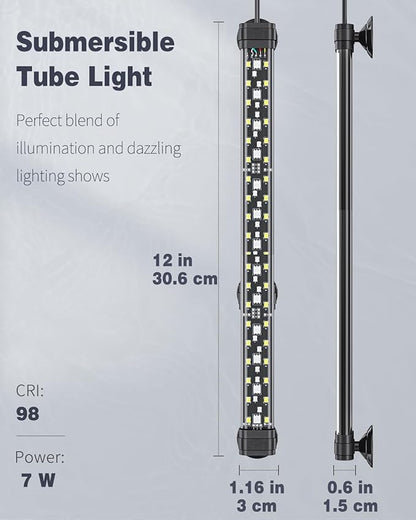 Pawfly 6.5 W Aquarium LED Light 12 Inch 24/7 Fish Tank Light with Full Spectrum IPX8 Waterproof Light Multi-Colored LEDs with D/N Mode Single Color Effects Timer and Adjustable Brightness Pawfly
