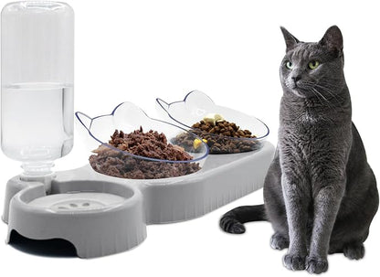 Triple Cat Bowls,15°Tilt 3-in-1 Water Feeder Bowls Cat Double Food Bowls with Automatic Water Bottle Bowl, Whisker Friendly Wet and Dry Cat Elevated Feeding Dishes for Small Cat and Puppy (Lead White) - PAWPICO
