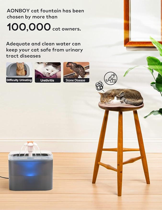Cat Water Fountain 2 Liter : Cat Fountains for Drinking with Light - Small Pet Water Fountain - Kitty Water Fountain Cute - Cat Fountains for Drinking Easy to Clean - Including 4 Filters + 2 Sponges - PAWPICO
