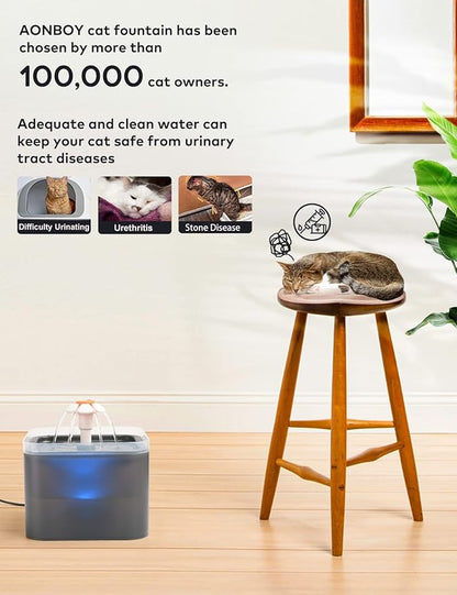 Cat Water Fountain 2 Liter : Cat Fountains for Drinking with Light - Small Pet Water Fountain - Kitty Water Fountain Cute - Cat Fountains for Drinking Easy to Clean - Including 4 Filters + 2 Sponges - PAWPICO