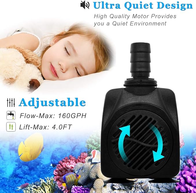 PULACO 10W 160GPH Submersible Pump with 3.3 ft Tubing for Aquariums, Fish Tank, Pond Fountain, Statuary, Hydroponics, Water Feature, Indoor Fountains PULACO