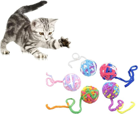 Andiker 5 Packs Cat Toys Balls with Bell and String, Kitten Toys Yarn Balls for Indoor Cats Interactive Playing (5 piecs) - PAWPICO