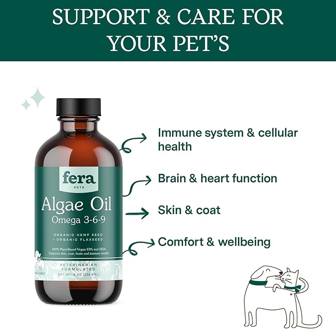 Fera Pet Organics Plant-Based Omega 3 Supplement for Dogs & Cats – Vet Created - Skin, Coat & Immunity – Vegan Omega 3 - EPA, DHA & ALA – 8oz, 48 Servings FeraPets