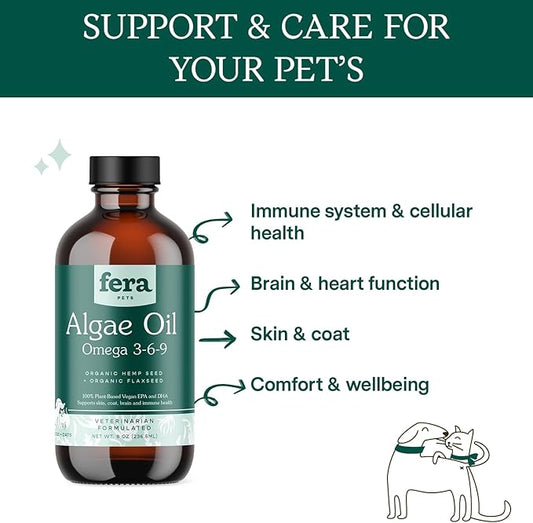 Fera Pet Organics Plant-Based Omega 3 Supplement for Dogs & Cats – Vet Created - Skin, Coat & Immunity – Vegan Omega 3 - EPA, DHA & ALA – 8oz, 48 Servings FeraPets