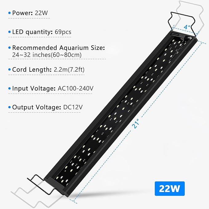 AQQA Aquarium Light,Full Spectrum Fish Tank Light for Plants,3 Mode+Timer+Adjustable Brightness,High Brightness LED Beads with Extendable Brackets for Freshwater (22W for 24-32inch) AQQA