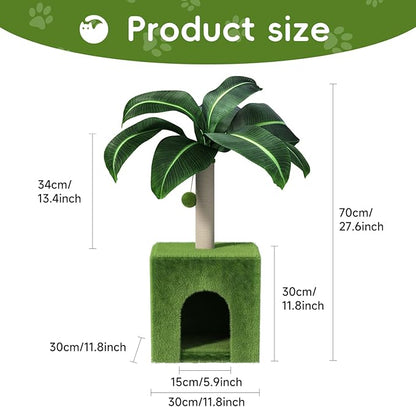 Cat Scratching Post with Condo, Palm Cat Tree Tower Natural Sisal Cat Scratcher Cat Bed Cat Furniture for Kittens and Cats - PAWPICO