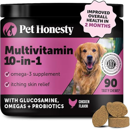 Pet Honesty Multivitamin Dog Supplement, Glucosamine Chondroitin for Dogs, Probiotics, Omega Fish Oil, Dog Supplements & Vitamins, Dog Vitamins for Skin and Coat Allergies, (Chicken 90 ct) PetHonesty