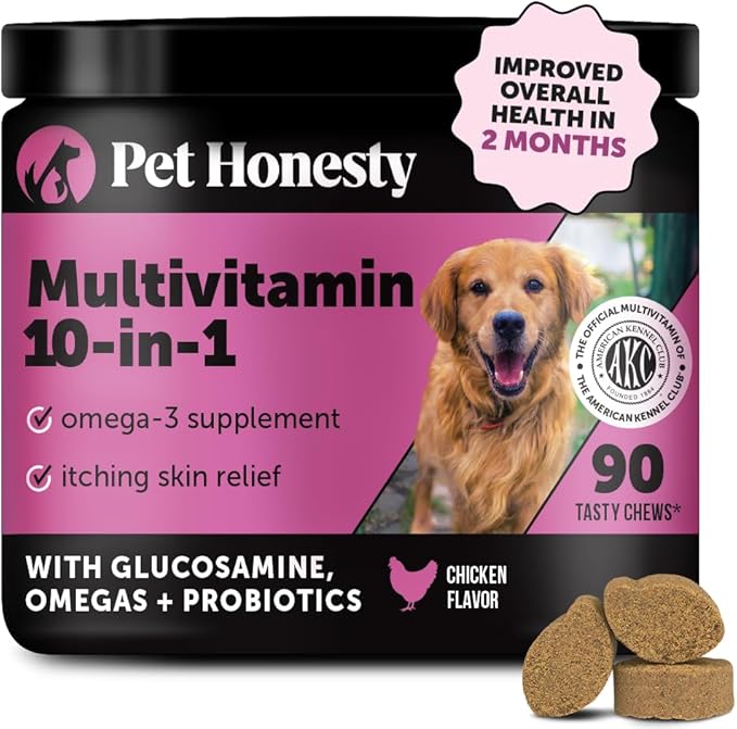 Pet Honesty Multivitamin Dog Supplement, Glucosamine Chondroitin for Dogs, Probiotics, Omega Fish Oil, Dog Supplements & Vitamins, Dog Vitamins for Skin and Coat Allergies, (Chicken 90 ct) PetHonesty