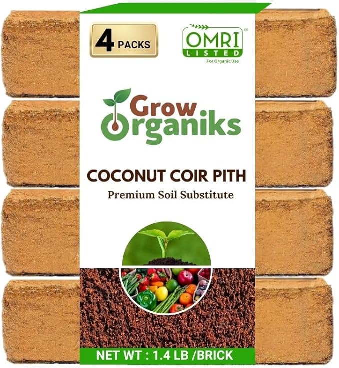 4 Pack Premium Coco Coir Brick for Plants | 100% Organic Compressed Coconut Coir Bricks Starting Mix, Coco Coir Fiber Coconut Husk for Planting, Gardening, Potting Soil Substrate, Herbs, 1.4 LB/Brick Grow+Organiks