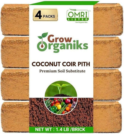 4 Pack Premium Coco Coir Brick for Plants | 100% Organic Compressed Coconut Coir Bricks Starting Mix, Coco Coir Fiber Coconut Husk for Planting, Gardening, Potting Soil Substrate, Herbs, 1.4 LB/Brick Grow+Organiks