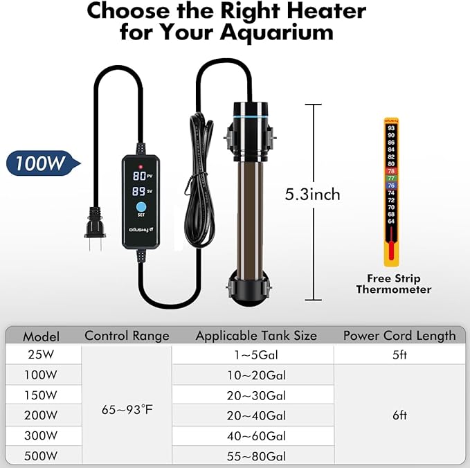 Orlushy 100W Submersible Aquarium Heater, Adjustable Fish Tank Heater with Digital Display External Controller, Overheat Protection and Free Thermometer for 10-20 Gallon Freshwater and Saltwater Tank Orlushy