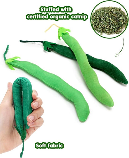 CiyvoLyeen Catnip Toy, Green Bean Cat Toys Kitten Supplies Interactive Kicker Vegetables Vegan Dental Health Teething Chew Gift for Cat Lovers Indoor 4PCS - PAWPICO