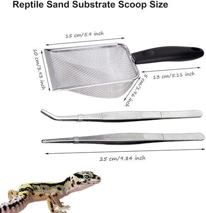 Reptile Sand Substrate Scoop Reptile Sand Fine Mesh Reptile Scooper Stainless Steel Terrarium Substrate Sand Bedding Litter Cleaner Scoop and Reptile Long Feeding Tongs Set (Black-2mm) WoYous