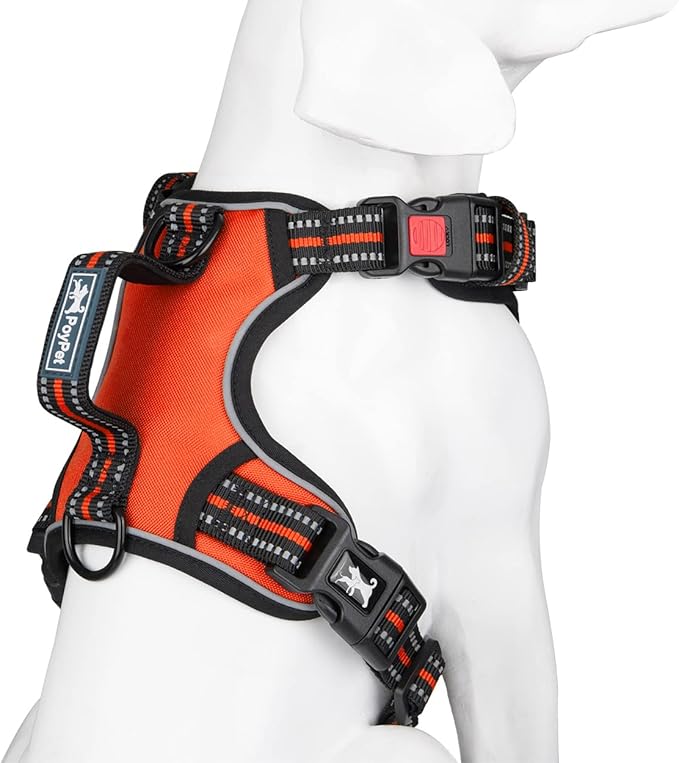 PoyPet No Pull Dog Harness, No Choke Front Clip Reflective Dog Vest with Soft Padded Vertical Handle, 3 Leash Attachments for Small Medium Large Dogs (Orange,M) PoyPet