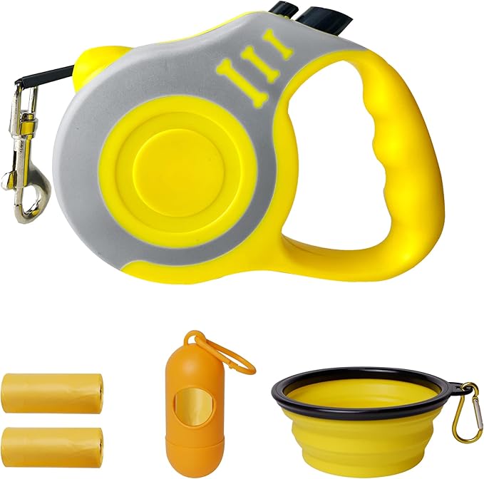Retractable Dog Leash Automatic Telescopic Tractor Dog Tape, Pet Tape 10/16 FT Durable and Convenient, with Folding Bowl, Dispenser, Rubbish Bags, Suitable for Small and Medium Dogs LIEVUIKEN