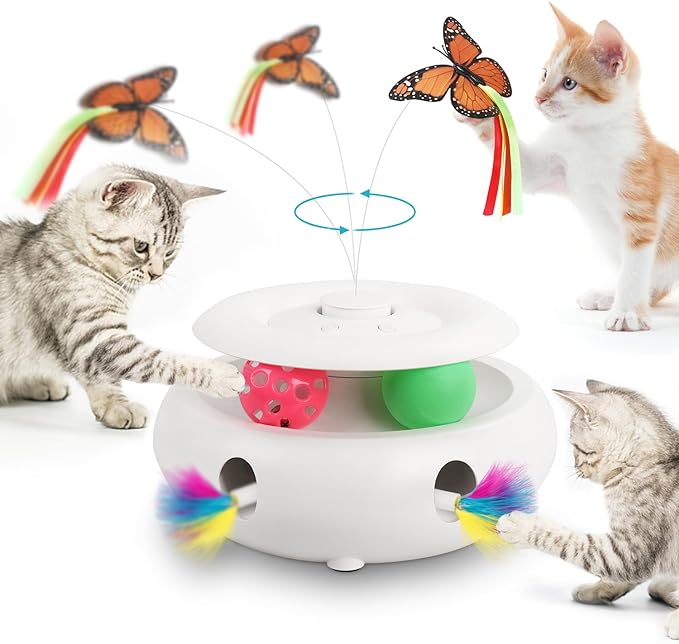 3-in-1 Interactive Cat Toys for Indoor Cats, Automatic 6 Holes Mice Whack-A-Mole, Fluttering Butterfly, Track Balls, USB Rechargeable, Ultra Fun Smart Interactive Kitten Toy (Ivory White) - PAWPICO