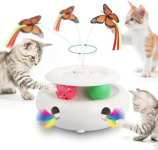3-in-1 Interactive Cat Toys for Indoor Cats, Automatic 6 Holes Mice Whack-A-Mole, Fluttering Butterfly, Track Balls, USB Rechargeable, Ultra Fun Smart Interactive Kitten Toy (Ivory White) - PAWPICO