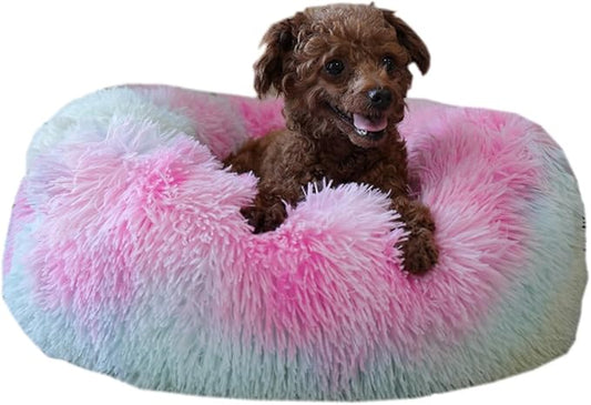 Rainbow Donut Dog Bed Small Washable,Calming Dog Bed for Small Dogs,20 inches Donut Fluffy Pet Beds,Anti Anxiety Round Fits up to 10 lbs Soft Warm Pets Beds for Puppy Dogs Indoor - PAWPICO