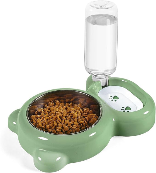 Dog Bowls, Cat Food and Water Bowl Set with Water Dispenser and Stainless Steel Bowl for Cats and Small Dogs - Green - PAWPICO
