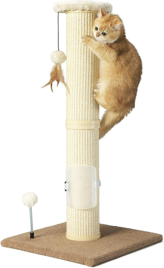 PAWSFANS Cat Scratching Post,34" Tall Large Sisal Woven Scratch Posts for Cats,with Hanging Ball Toy and Self-Massage Brush,Vertical Scratcher,5 Inches Diameter,Beige - PAWPICO