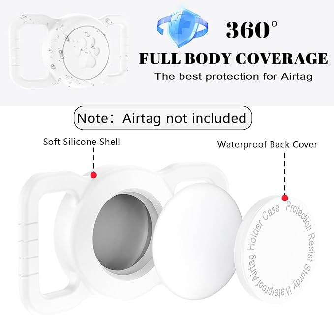 SANKALA Airtag Dog Collar Holder, [1 Pack] Waterproof Dog Airtag Holder, Silicone Full Body Covered Anti-Lost Protective Apple Air Tag Holder for Pet Collar - Fits All Width Collars, White SANKALA