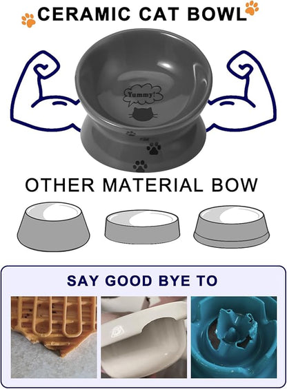 Y YHY Raised Cat Food Bowl, Ceramic Elevated Cat Bowl, Title Angle Protect Cat's Spine, Anti Vomiting Cat Dish, Backflow Prevention, Grey - PAWPICO