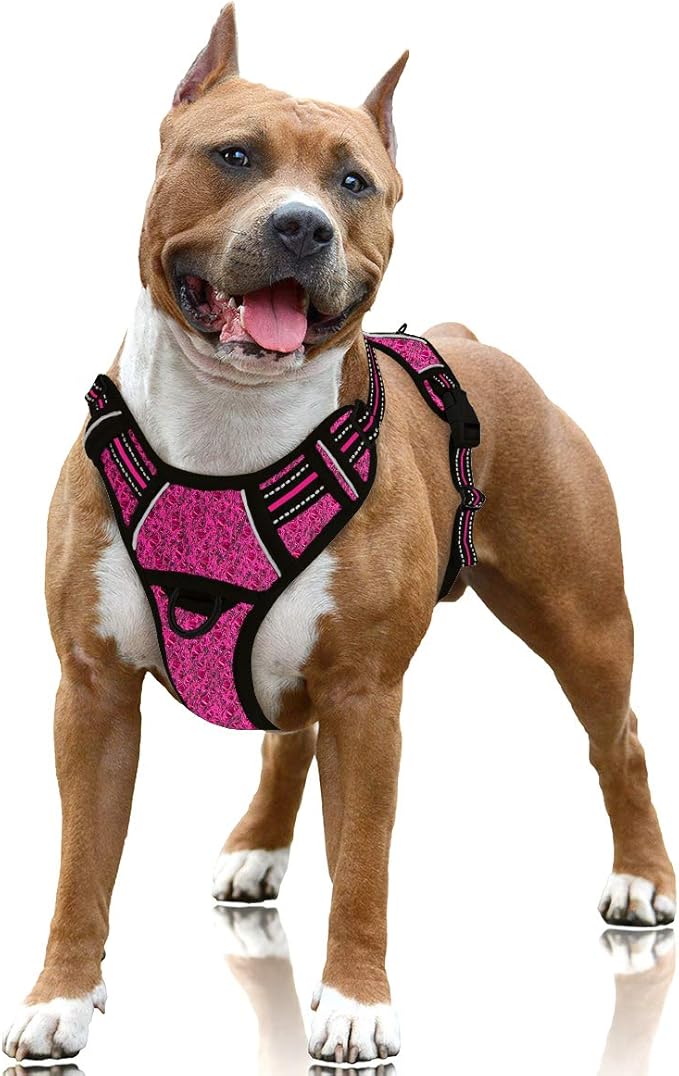 BARKBAY No Pull Dog Harness Large Reflective Dog Harness with Front Clip and Easy Control Handle for Walking Training Running with ID tag Pocket(Pink/Black,L) BARKBAY