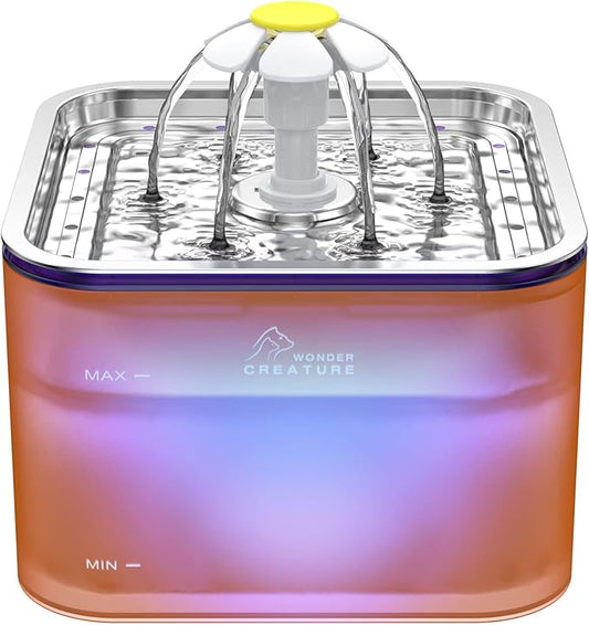 Crystal Cat Water Fountain Stainless Steel, 101oz/3L Pet Fountain with LED Light for Cats and Dogs (Orange) - PAWPICO