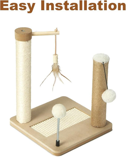PAWSFANS Small Cat Scratching Post Toys,Sisal Jute 2 Scratch Posts for Kittens and Cats,Hanging Ball with Feather Spring Ball 16inches Beige - PAWPICO