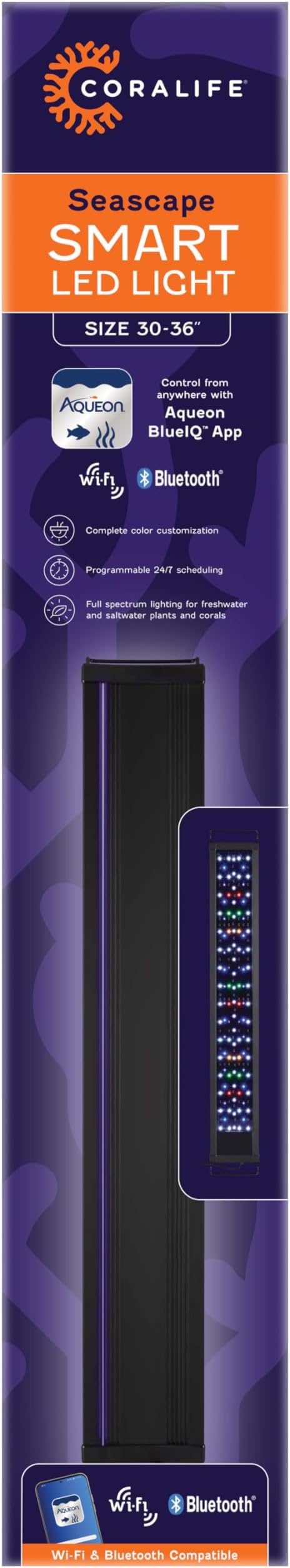 Coralife Fish Tank Aquarium Seascape WiFi/Bluetooth Smart LED Light Fixture, 30-36" Coralife
