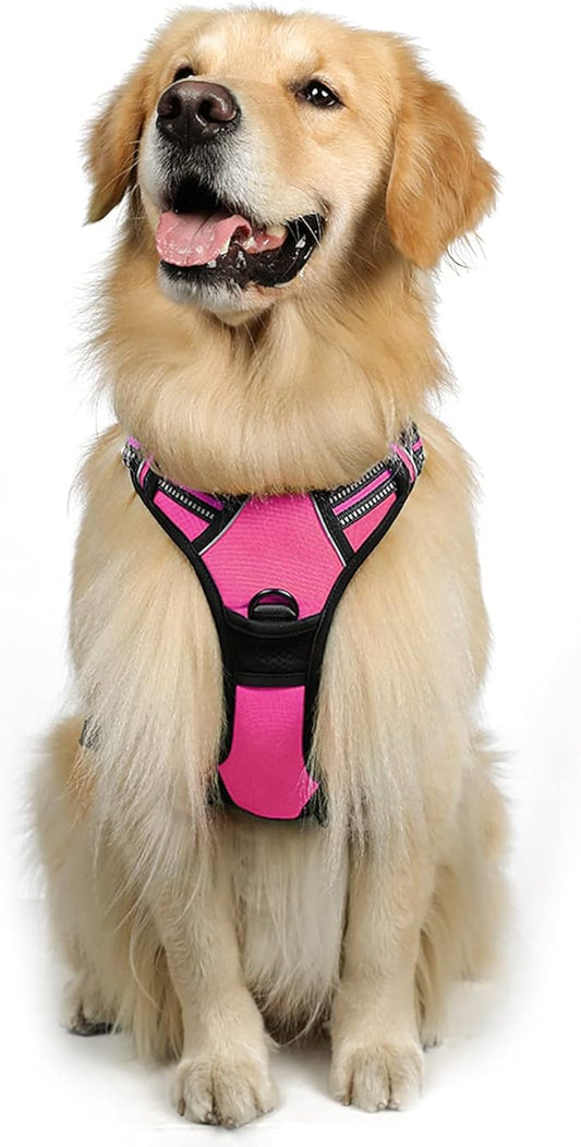 rabbitgoo Dog Harness, No-Pull Pet Harness with 2 Leash Clips, Adjustable Soft Padded Dog Vest, Reflective No-Choke Pet Oxford Vest with Easy Control Handle for Large Dogs, Hot Pink, XL - PAWPICO