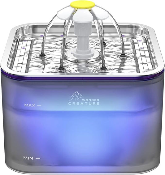 Crystal Cat Water Fountain Stainless Steel, 101oz/3L Pet Fountain with LED Light for Cats and Dogs (Grey) - PAWPICO
