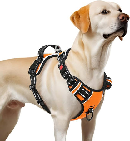 Timos Dog Harness Large Sized, No Pull Dog Harness with Neck Lockable Snap,No Choke Front Clip Dog Reflective Harness,Adjustable Metal Rings 3 Buckles,Easy Control Handle for Large Dogs Orange XL Timos