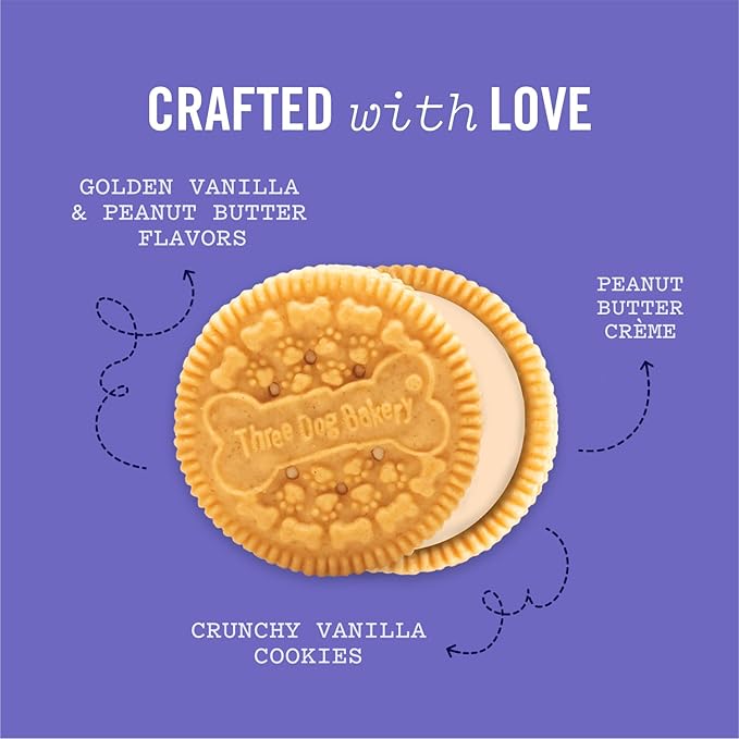Three Dog Bakery Lick'n Crunch Sandwich Cookies Premium Dog Treats with No Artificial Flavors, Golden & Peanut Butter Flavor, 13 Ounces (Pack of 6) - PAWPICO