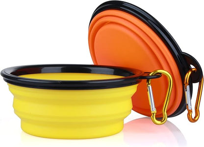 Dog Bowl Pet Collapsible Bowls, 2 Pack Collapsible Dog Water Bowls for Cats Dogs, Portable Pet Feeding Watering Dish for Walking Parking Traveling with 2 Carabiners (Small, Orange+Yellow) - PAWPICO