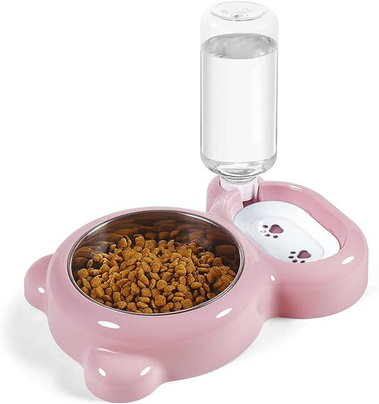 Dog Bowls, Cat Food and Water Bowl Set with Water Dispenser and Stainless Steel Bowl for Cats and Small Dogs - Pink - PAWPICO