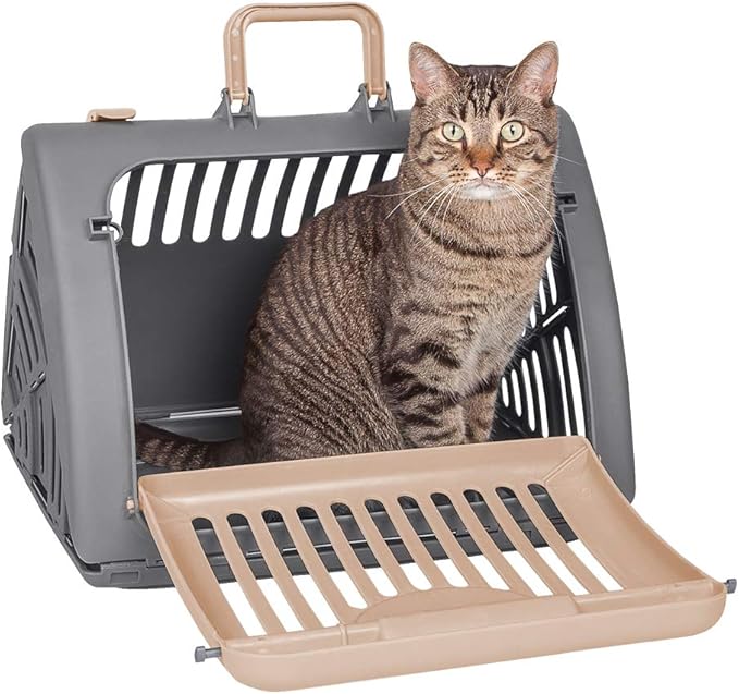 SportPet Designs Foldable Travel Cat Carrier - Front Door Plastic Collapsible Carrier, Gray and Tan, Medium (Pack of 1) - PAWPICO