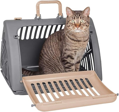 SportPet Designs Foldable Travel Cat Carrier - Front Door Plastic Collapsible Carrier, Gray and Tan, Medium (Pack of 1) - PAWPICO