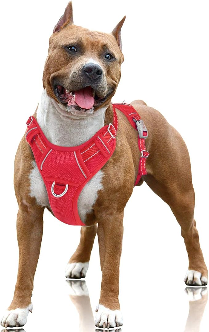 BARKBAY No Pull Dog Harness Large Reflective Dog Harness with Front Clip and Easy Control Handle for Walking Training Running with ID tag Pocket(Red,L) BARKBAY