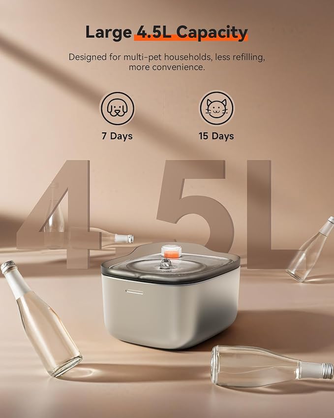 Cat Water Fountain: 4.5L/158oz Ultra-Quiet Pet Water Fountain for Cats Inside, Automatic Stainless Steel Cat Water Dispenser Bowl, Colored Water Level Float, Detachable Design Easy to Clean & Assemble - PAWPICO