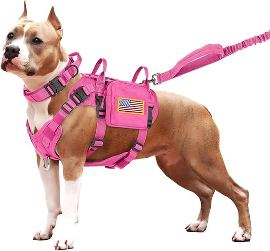 Forestpaw Pink Tactical Dog Harness for Large Dogs,Tactical Dog Collar with Bungee Leash Set,No Pull Military Dog Harness for Dog Walking Training,Adjustable for Medium Large Dogs,S Forestpaw