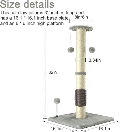 PEEKAB 32" Tall Cat Scratching Post Sisal Scratch Posts with Hanging Ball and Self-Massage Brush Vertical Scratcher for Indoor Cats and Kittens(Light-Gray 32inches) - PAWPICO