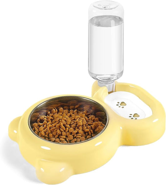Dog Bowls, Cat Food and Water Bowl Set with Water Dispenser and Stainless Steel Bowl for Cats and Small Dogs - Yellow - PAWPICO