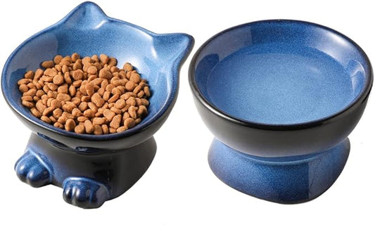 Nihow Elevated Cat/Dog Bowls Set : 5 Inch Ceramic Raised Cat Food and Water Bowl Set for Protecting Pet's Spine - Feeding & Watering Supplies for Pets- Elegant Blue & Black (2PC) - PAWPICO